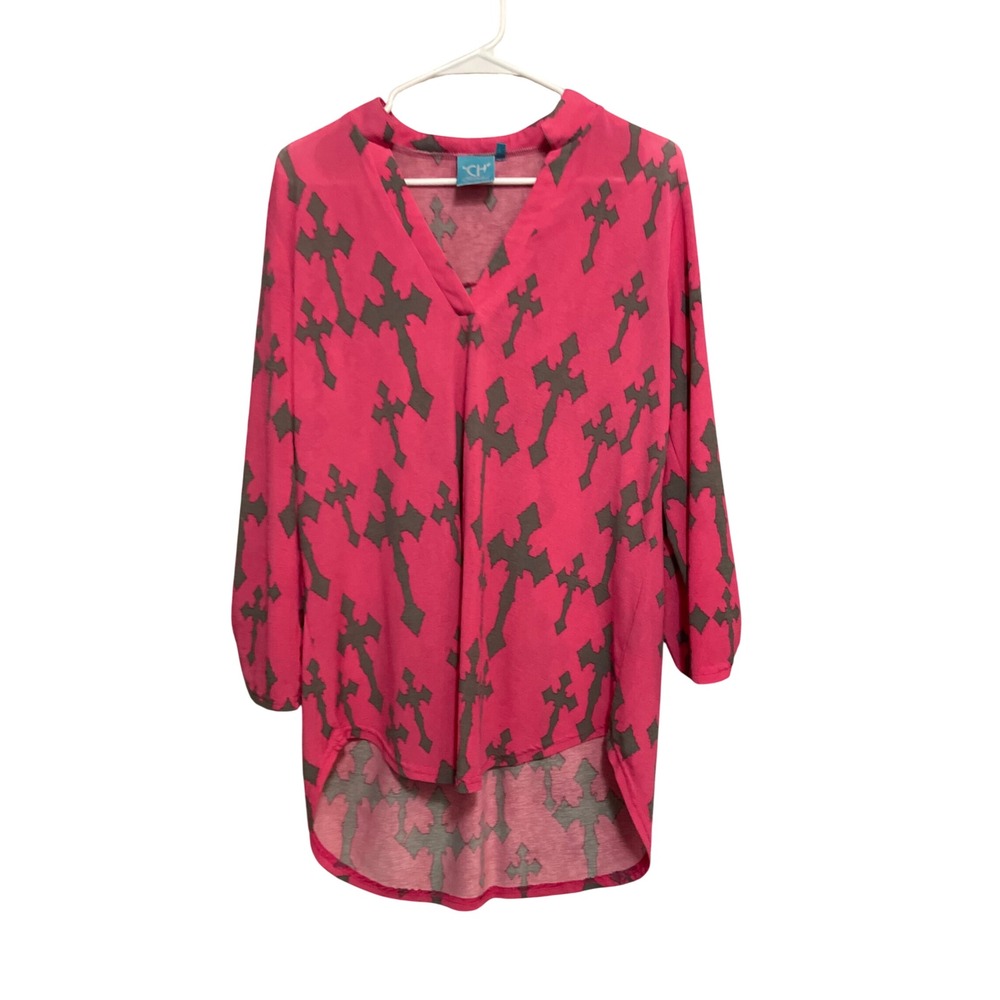 Cowgirl Hardware‎ Pink Gothic Cross Print High Low Tunic Top Large Western L